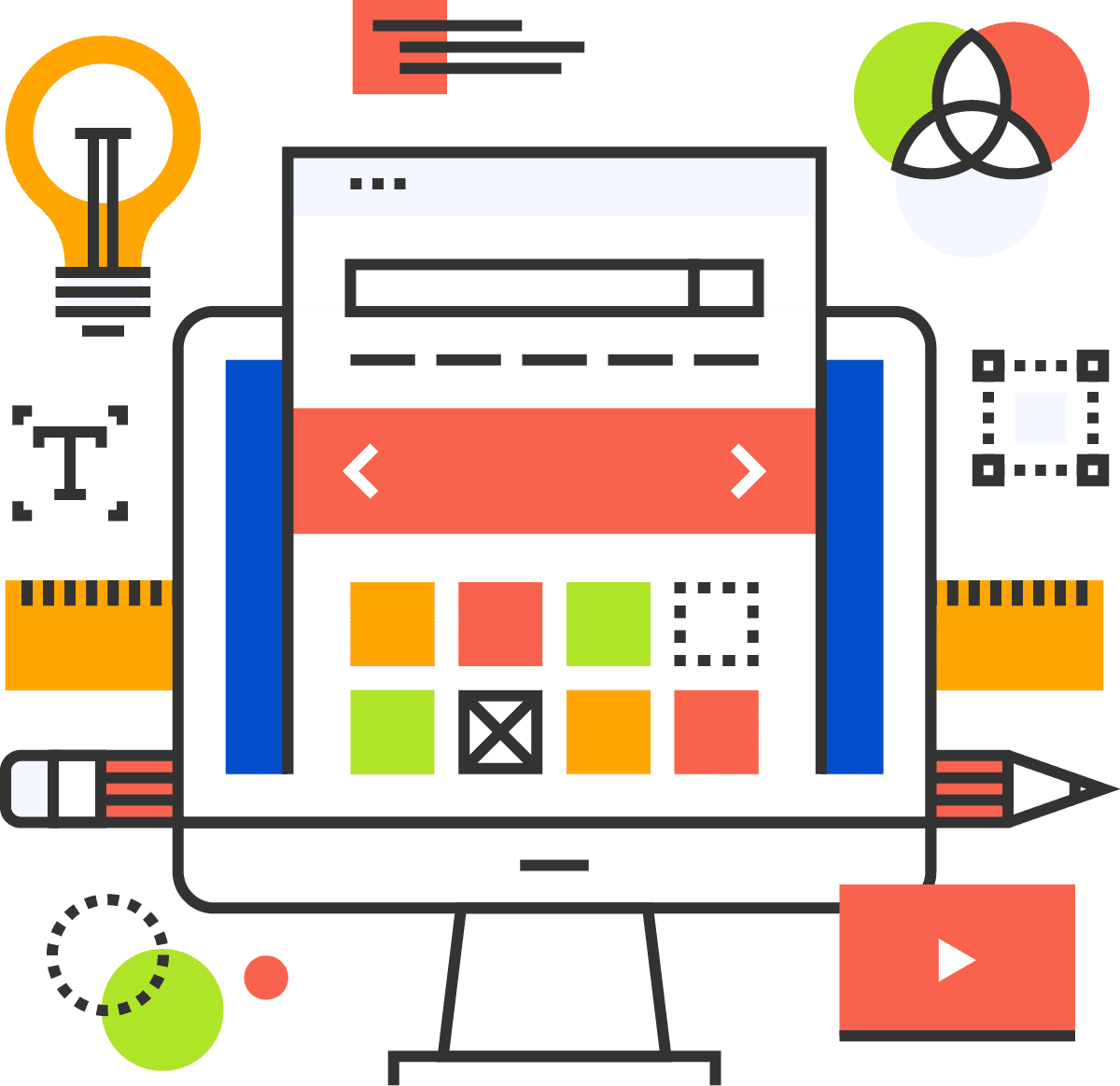 Graphic showing a website mockup with layout blocks and design tools.